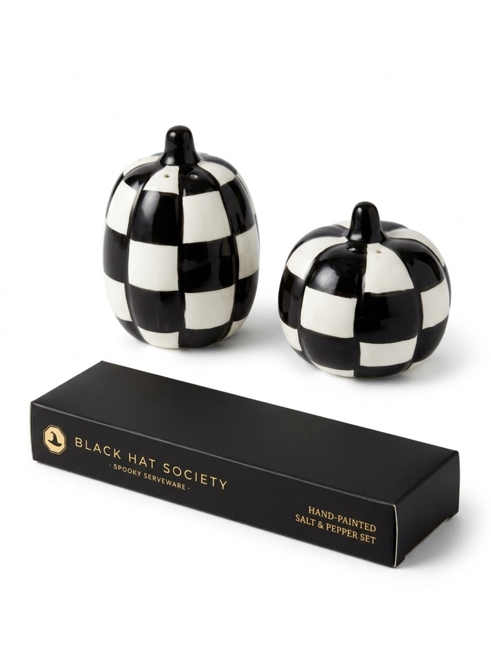 Black Hat Society Checkered Pumpkin Salt & Pepper Set